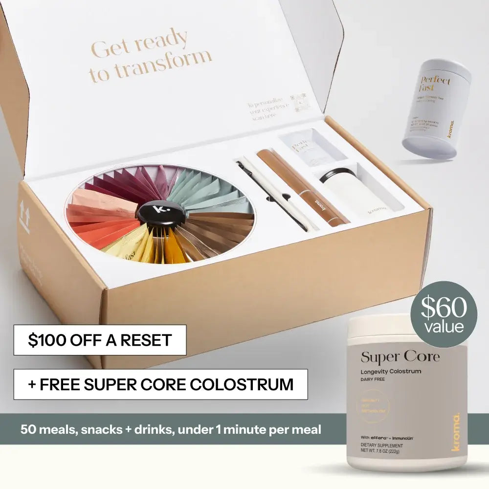 An open kraft gift box displaying a multicolor circular color wheel, slim cosmetic tools, and white product containers. Promotional text reads '$100 OFF A RESET' and '+ FREE SUPER CORE COLOSTRUM', with a large jar labeled 'Super Core' shown in the lower right and a '$60 value' badge.