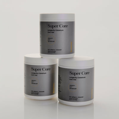 Kroma Super Core dairy-free colostrum jar on a clean studio background