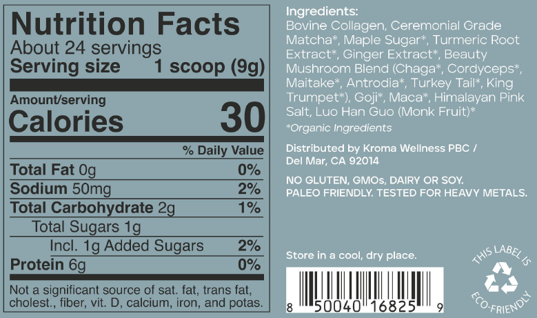 Beauty Matcha Latte 24 serving nutrition facts label and ingredients list on a blue background