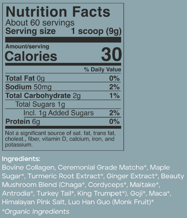 Beauty Matcha Latte 60 serving nutrition and ingredients label on a blue background.