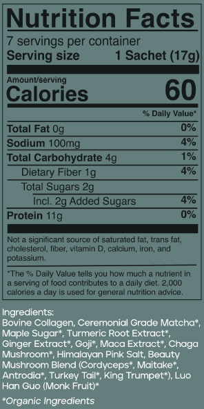 Beauty Matcha Latte 7-pack carton nutrition facts label with serving size, calories, and ingredient list.