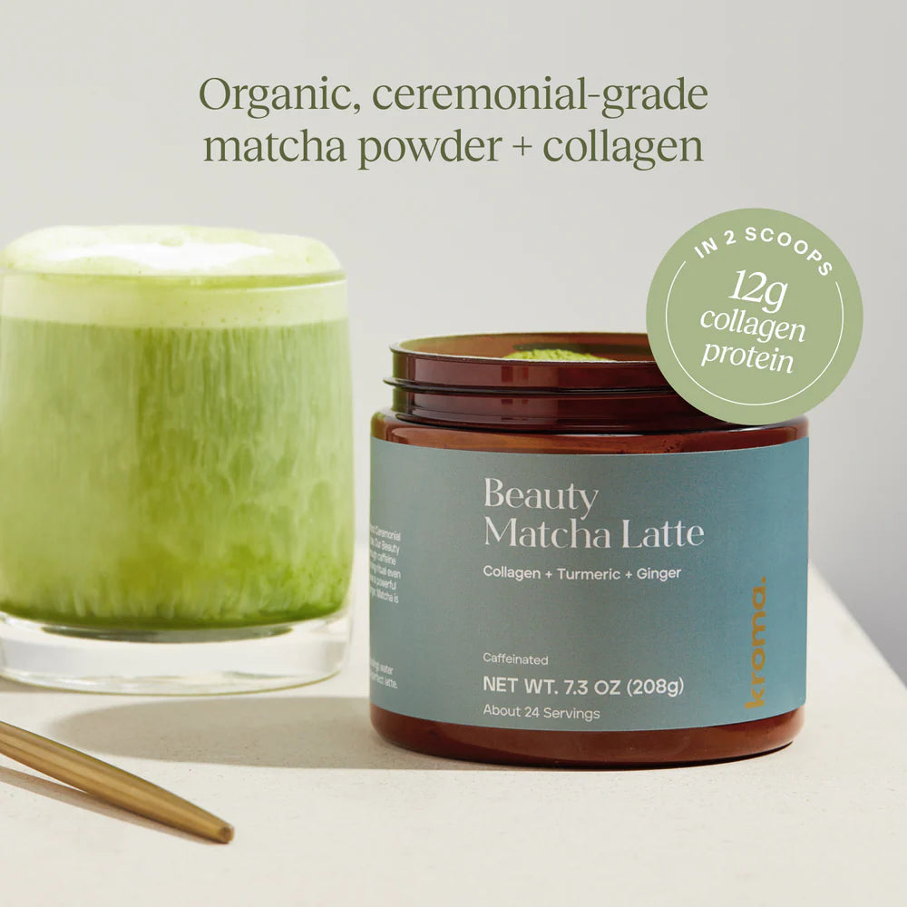 Beauty Matcha Latte container with a glass of matcha latte on a light background