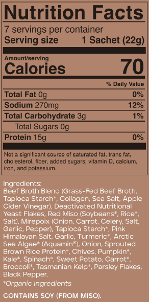 24K Beef Bone Broth 7-pack carton nutrition facts label with detailed information on calories, ingredients, and nutritional values.