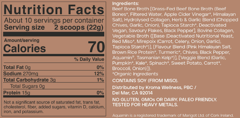 24K Beef Bone Broth nutrition facts and ingredients label.