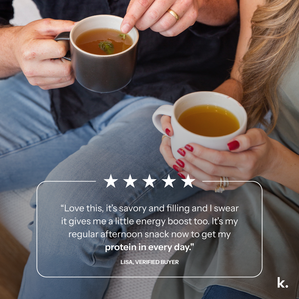 Two people holding mugs of soup with a five-star review and verified buyer comment.