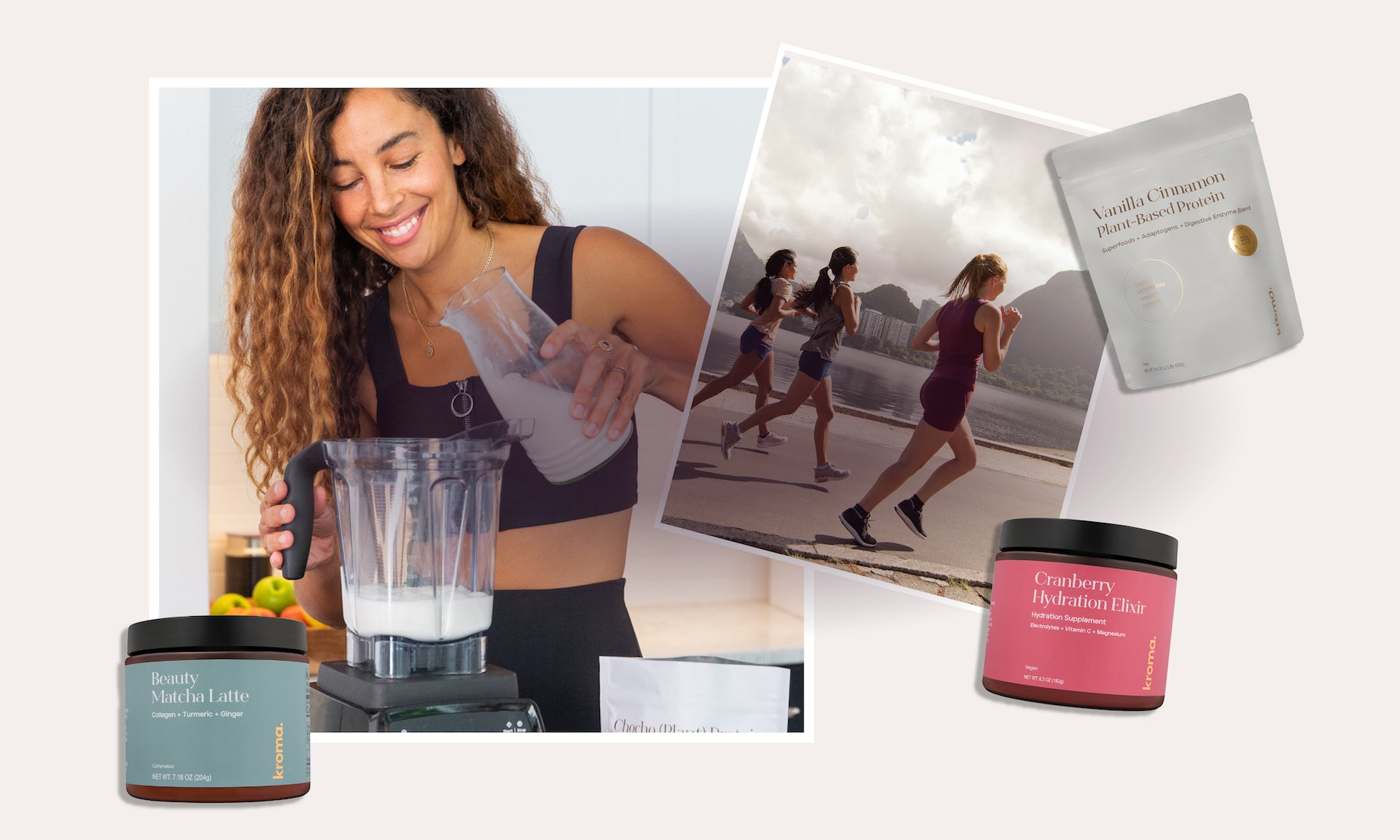 A collage featuring a woman preparing her healthy shake, along with a few Kroma products she uses in her daily routine.