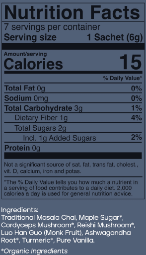 Change Your Life Chai 7-pack carton nutrition facts label with serving size, calories, and ingredient list.