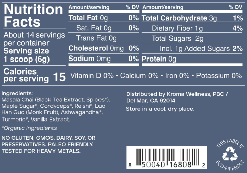Change Your Life Chai nutrition facts label with blue background and white text.