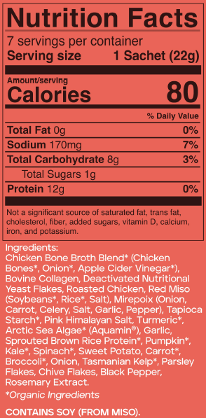 24K Chicken Bone Broth 7-pack carton nutrition facts label with various ingredients listed.