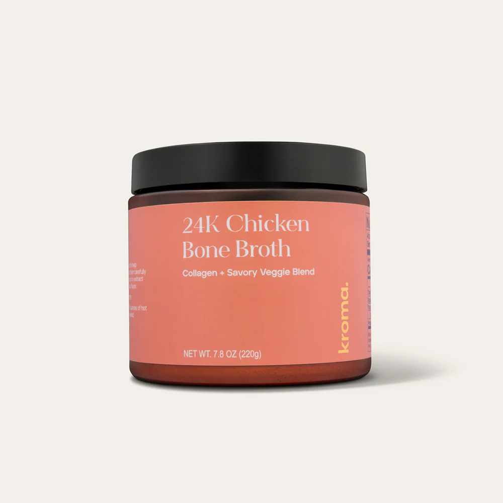 Jar of 24K Chicken Bone Broth with a black lid on a light gray background