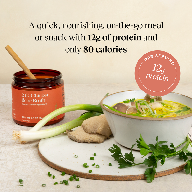 24K Chicken Bone Broth jar with a bowl of soup and ingredients on a neutral background