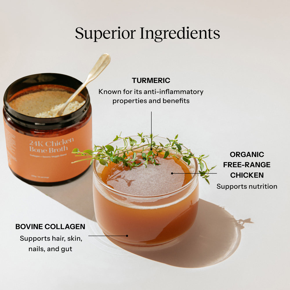 24K Chicken Bone Broth jar with a glass of broth on a light background, highlighting ingredients like tumeric, organic free-range chicken, and bovine collagen.