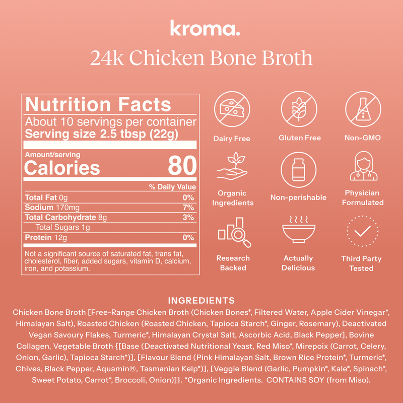 Nutrition facts and ingredients of kroma 24k Chicken Bone Broth on a pink background