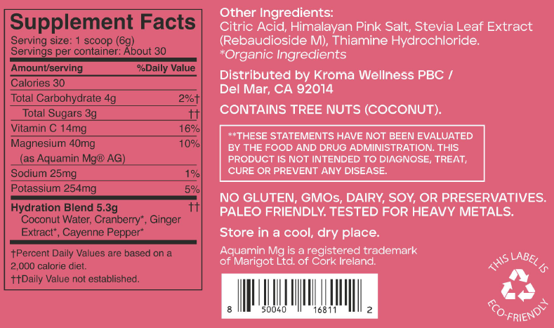 Cranberry Hydration Elixir supplement label with ingredients and nutritional information on a pink background