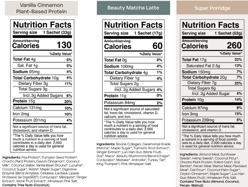 Everything but Dinner nutrition facts labels for Vanilla Cinnamon Plant-Based Protein, Beauty Matcha Latte, and Super Porridge.