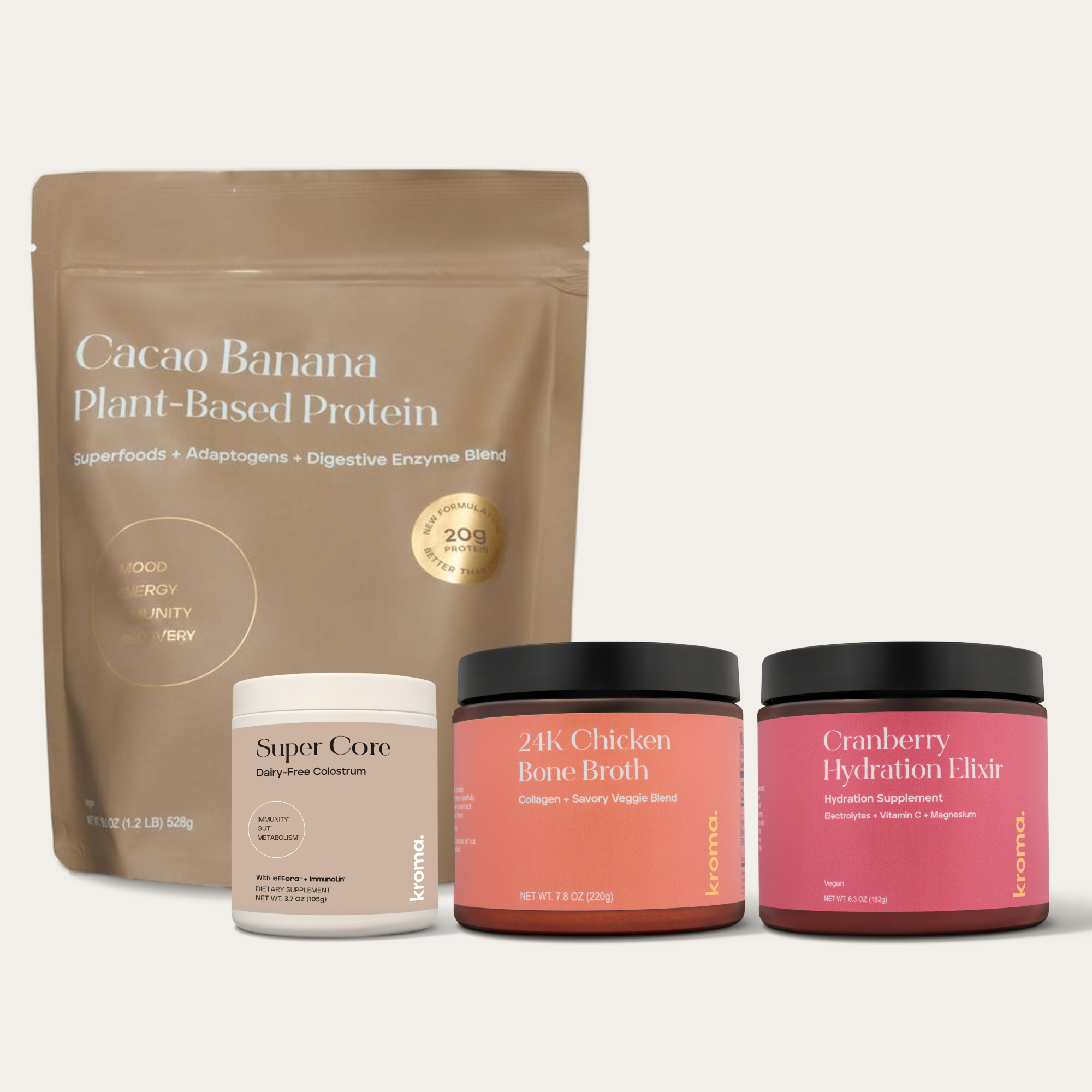 Collection of Kona brand health and wellness products including protein powder, super core, bone broth, and elixir on a white background.