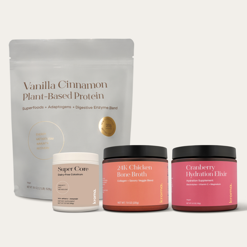 Collection of health and wellness products including protein powder, bone broth, and elixirs on a white background.