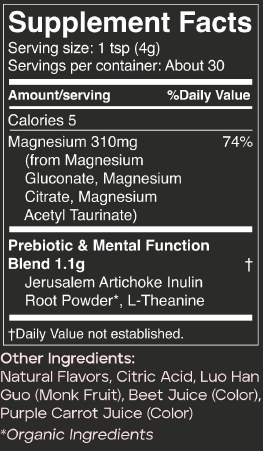 Calming + Restore Magnesium supplement facts label with black background and white text