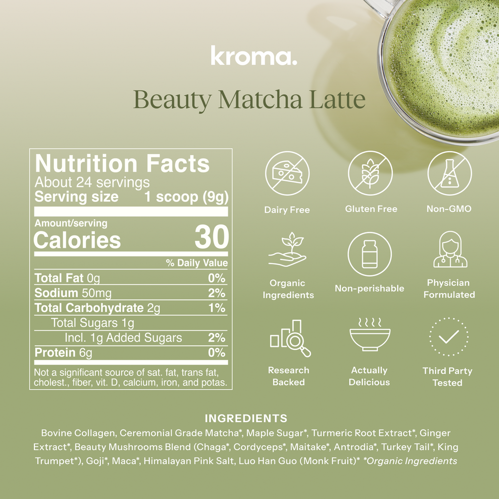 Nutrition facts and ingredients for kroma Beauty Matcha Latte on a green background