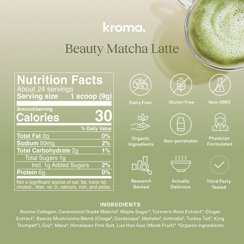 Nutrition facts and ingredients for kroma Beauty Matcha Latte on a green background