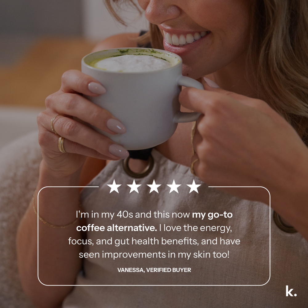 Woman holding a cup of coffee with a testimonial overlay