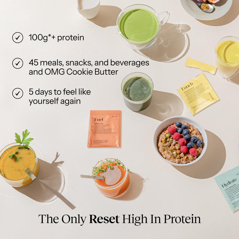 Assorted protein-rich meals and snacks on a white surface with text highlighting protein content and meal variety.