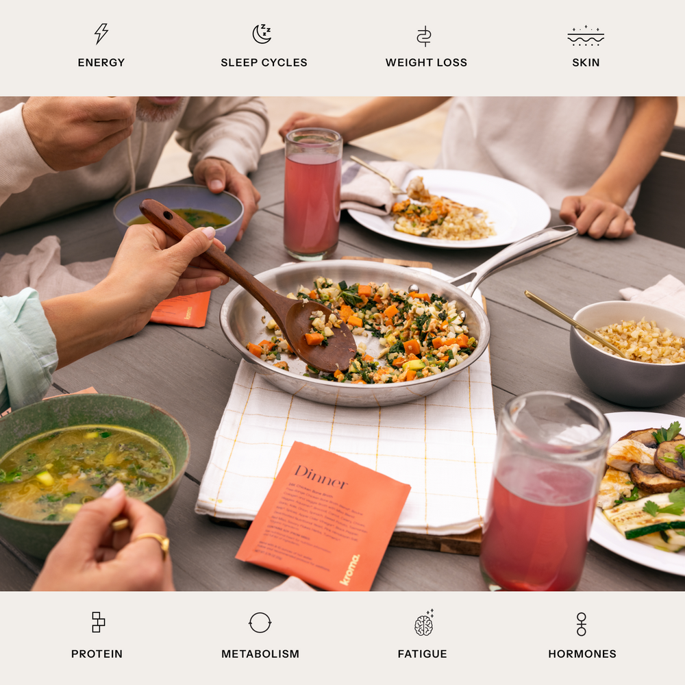 People enjoying a meal together with a focus on health and wellness categories at the top.