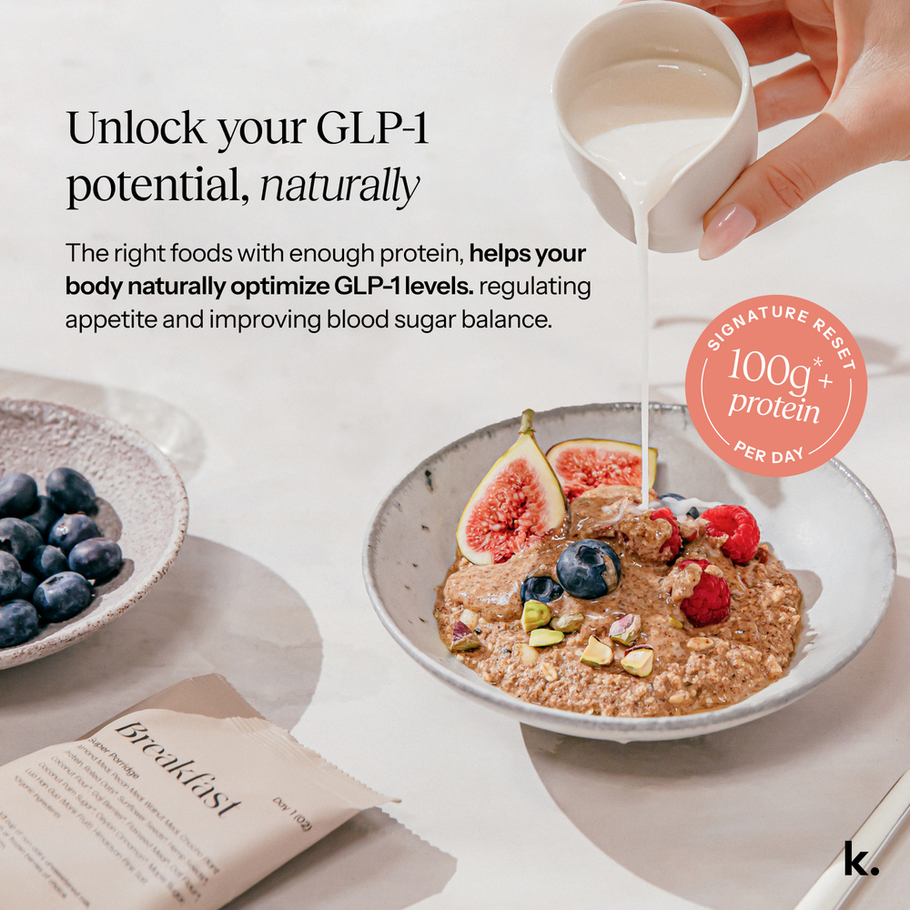 Person pouring milk into a bowl of porridge with fruits and nuts, with text about GLP-1 and protein intake.