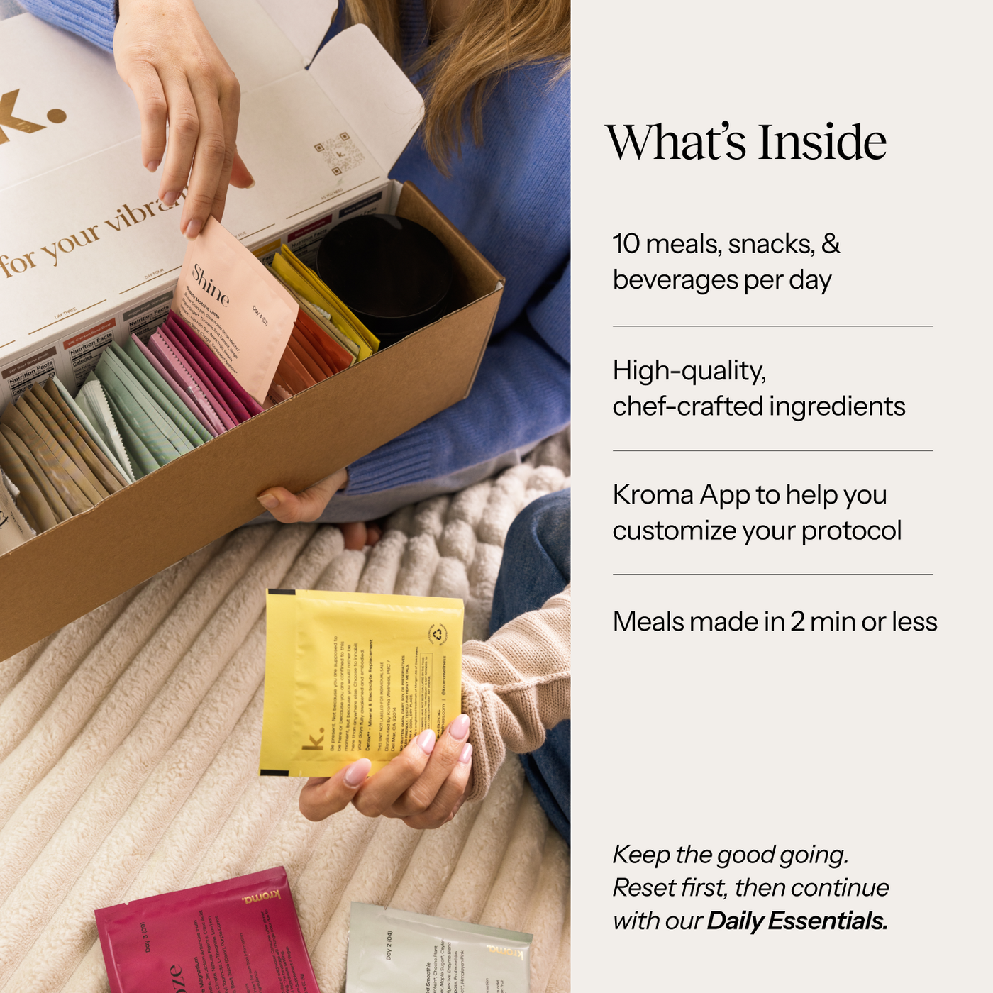 Person opening a box of Koma meal kits with text on high-quality ingredients and app features.