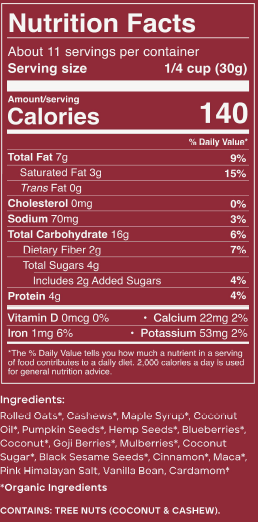 Super Granola bag nutrition facts label with detailed information on calories, nutrients, and ingredients.