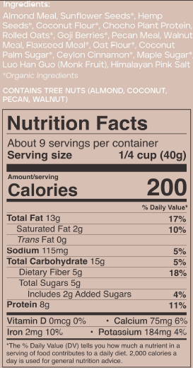 Super Porridge Multi-serving bag nutrition label with ingredients and serving details on a brown background