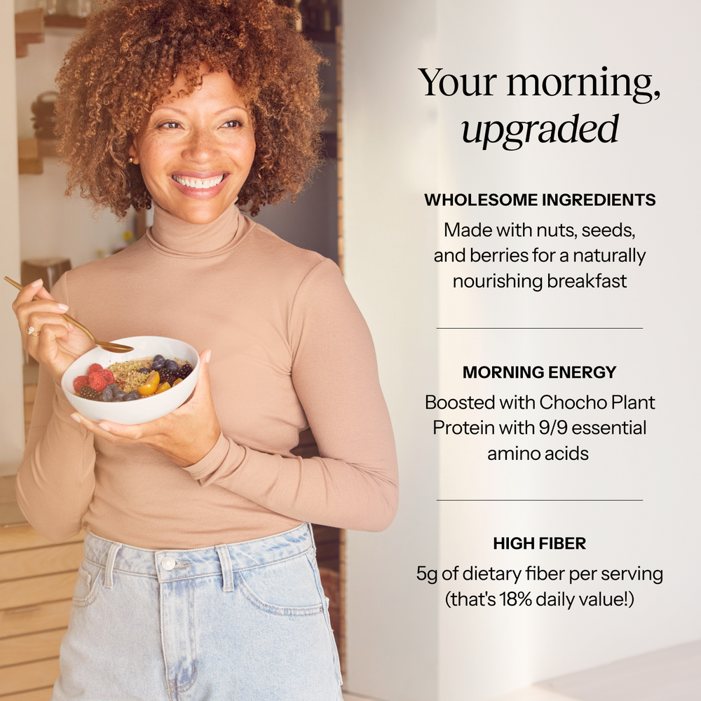 Woman holding a bowl of a nutritious breakfast with text about its ingredients and benefits.