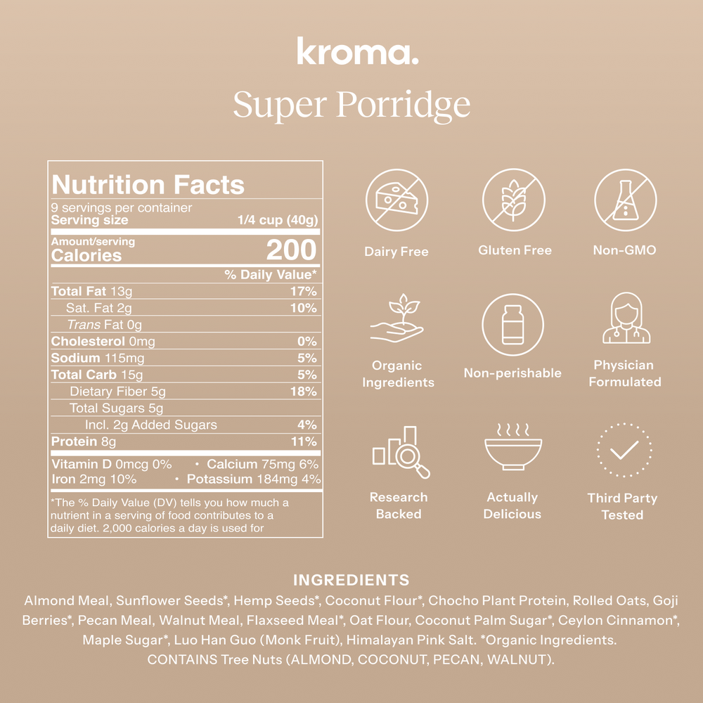Nutrition facts and ingredient list for kroma Super Porridge on a beige background