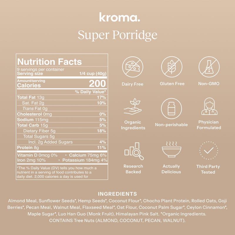 Nutrition facts and ingredient list for kroma Super Porridge on a beige background