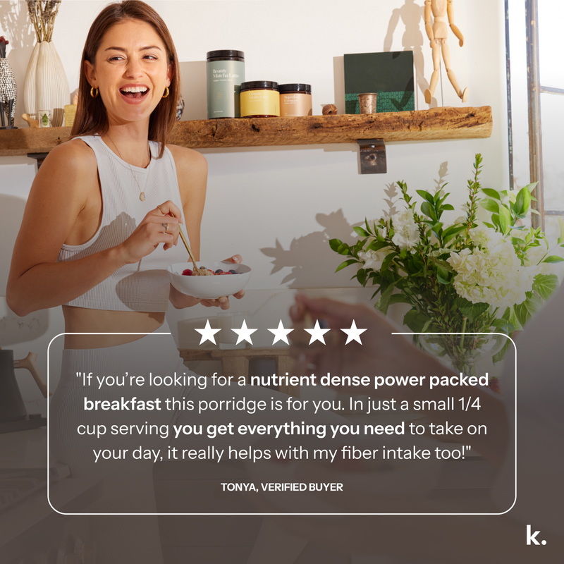 Woman eating porridge with a five-star review overlay in a kitchen setting